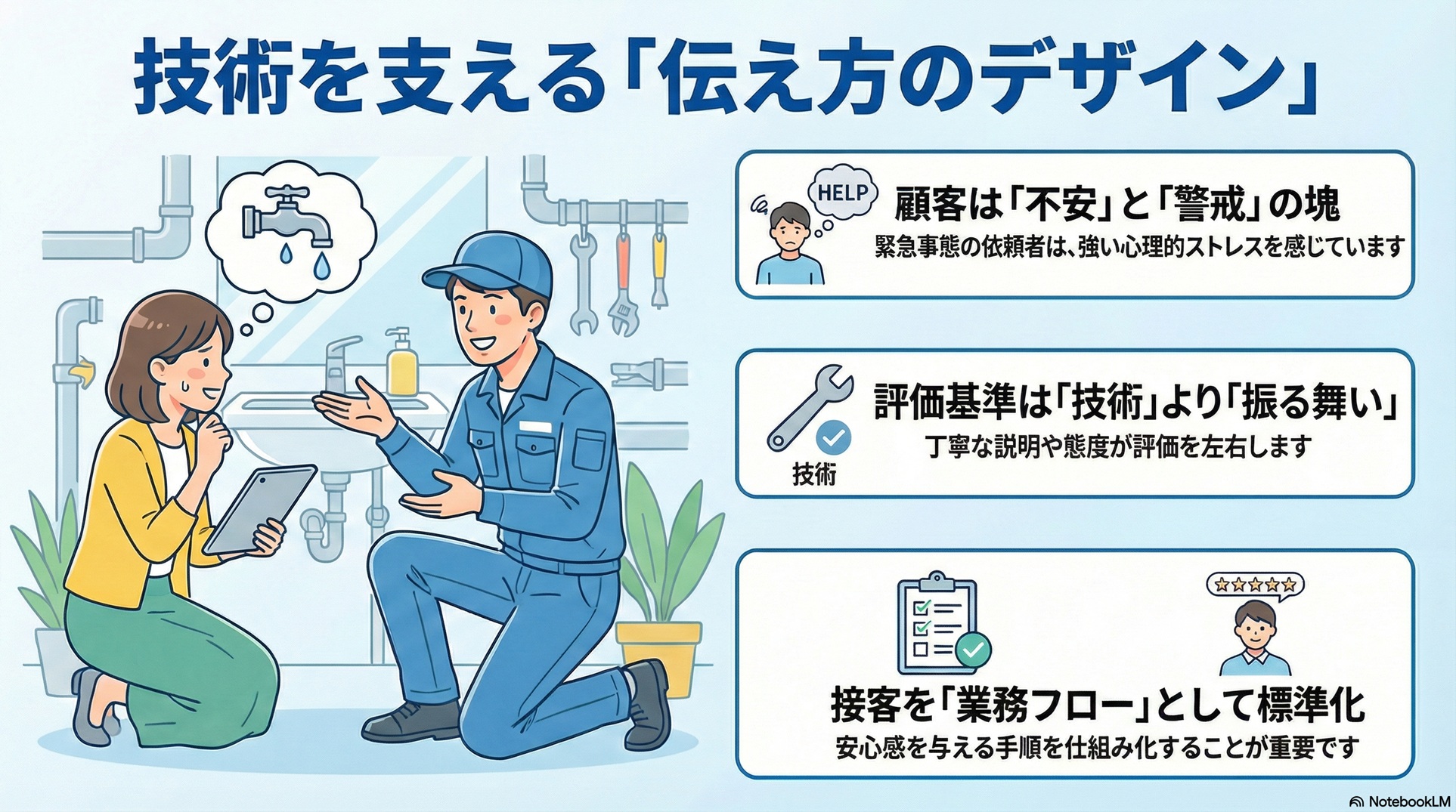 水道修理の技術を支える「伝え方のデザイン」を解説した図解。緊急事態の依頼者は「不安」と「警戒」の塊であり、強い心理的ストレスを感じていることを指摘。顧客の評価基準は「技術」そのものよりも、丁寧な説明や態度といった「振る舞い」に左右されるため、接客を個人の裁量に任せず「業務フロー」として標準化する重要性を説いています。安心感を与える手順を仕組み化することで、信頼の可視化を図り、成約率向上と顧客満足度の安定を実現する戦略を説明しています。