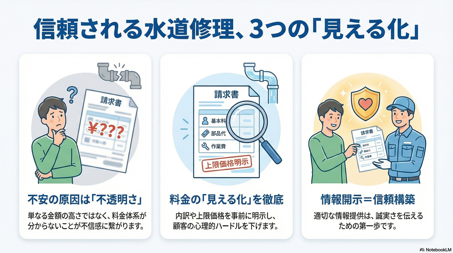 信頼される水道修理のための「3つの見える化」を解説したインフォグラフィック。1つ目は、不安の原因は金額の高さではなく料金体系が分からない「不透明さ」にあると指摘。2つ目は、内訳や上限価格を事前に明示する「料金の見える化」を徹底することで、顧客の心理的ハードルを下げる重要性を提示。3つ目は、適切な情報開示を信頼構築の第一歩とし、誠実さを伝える仕組みを説明しています。料金トラブルを未然に防ぎ、透明性の高いサービス提供によって成約率向上を目指す経営戦略図解です。