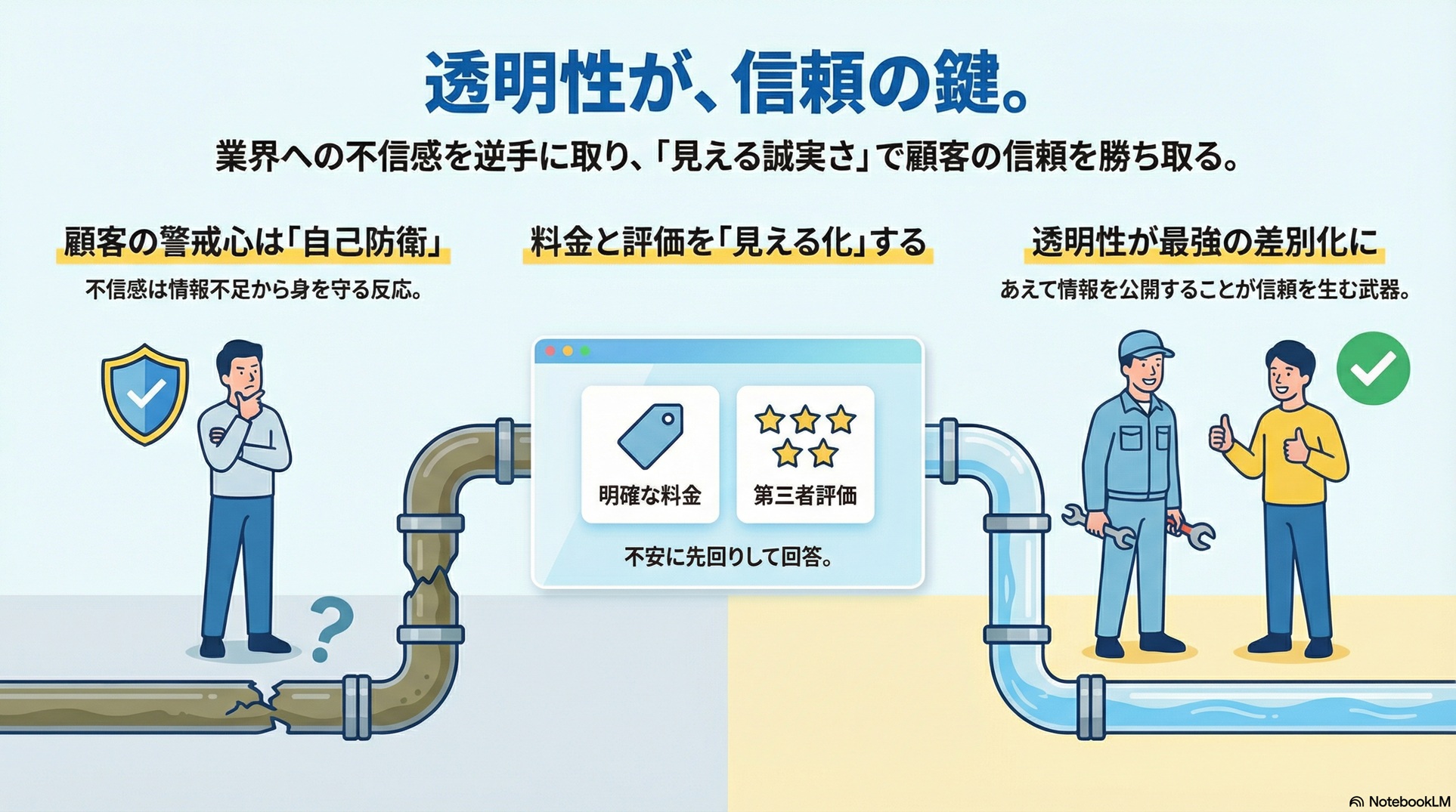 水道修理業界への不信感を「見える誠実さ」で信頼に変える戦略図。左側の「顧客の警戒心は自己防衛」では、不信感は情報不足から身を守る反応であると定義。中央の「料金と評価を見える化する」では、明確な料金と第三者評価をあえて公開し、顧客の不安に先回りして回答する重要性を提示。右側の「透明性が最強の差別化に」では、情報を隠さず公開すること自体が信頼を生む最大の武器となり、他社との圧倒的な差別化と成約率向上に繋がる仕組みを解説しています。