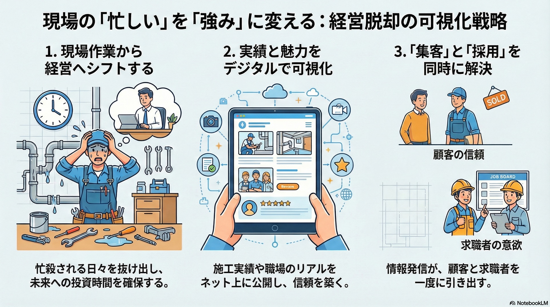 現場の「忙しい」を「強み」に変える、経営脱却の可視化戦略を3ステップで解説した図解。1つ目は、現場作業に忙殺される日々を抜け出し、未来への投資時間を確保する「経営へのシフト」。2つ目は、施工実績や職場のリアルをデジタルで公開し、実績と魅力を「可視化」して信頼を築く工程。3つ目は、これらの情報発信が顧客の信頼と求職者の意欲を一度に引き出し、「集客」と「採用」の課題を同時に解決する仕組みを提示。現場の活動をデジタル資産に変えることで、属人化からの脱却と持続可能な成長を目指す戦略図です。