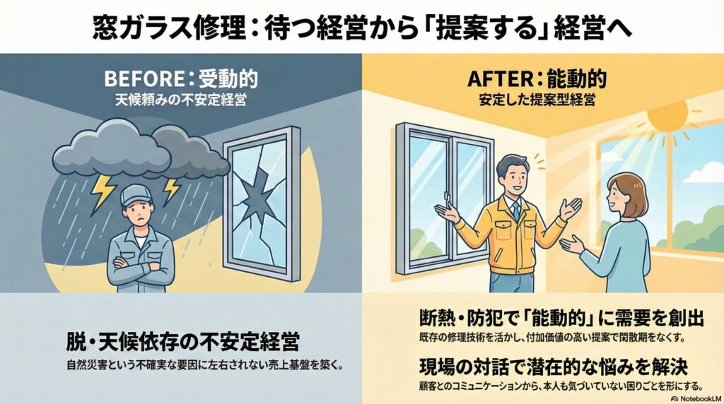 【売上安定化】ガラス修理の閑散期対策と売上安定｜天候に振り回される経営構造から抜け出す視点