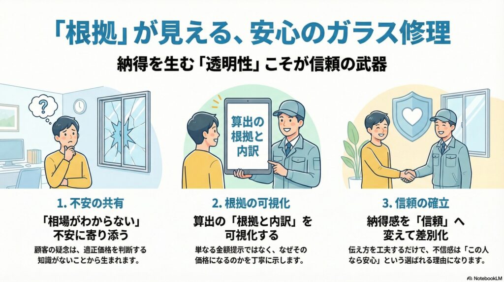 【見積もり】ガラス屋の見積もりと料金透明性｜誠実な事業者ほど不信感の壁に苦しむ構造的理由