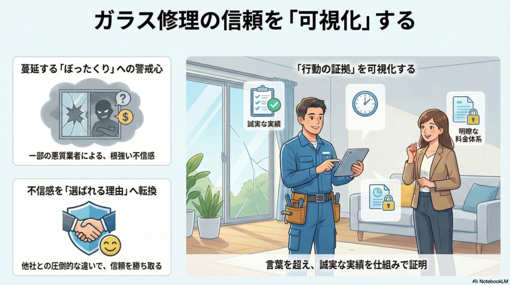 【差別化戦略】ガラス修理の悪質業者問題と差別化｜業界全体の不信感を味方につける経営視点