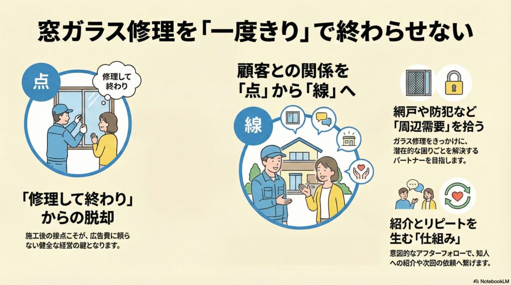 【リピート戦略】ガラス修理のリピートと紹介獲得｜「1回修理して終わり」の経営から抜け出す視点