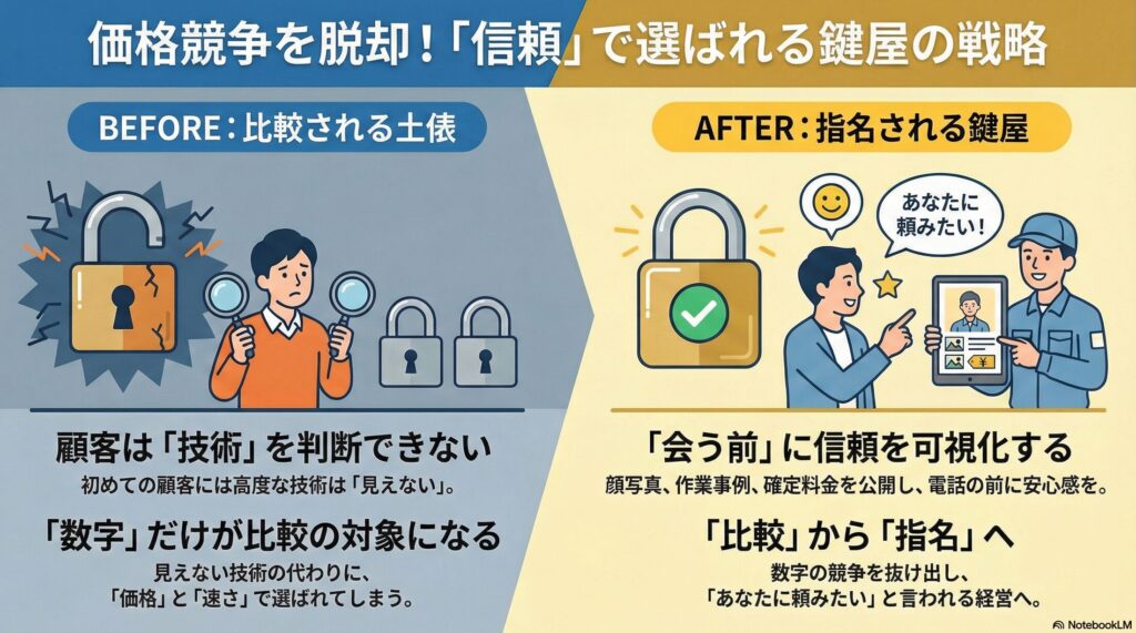【差別化戦略】鍵屋が「価格と速さ」だけで比較される理由｜選ばれ続ける経営の軸を見つける